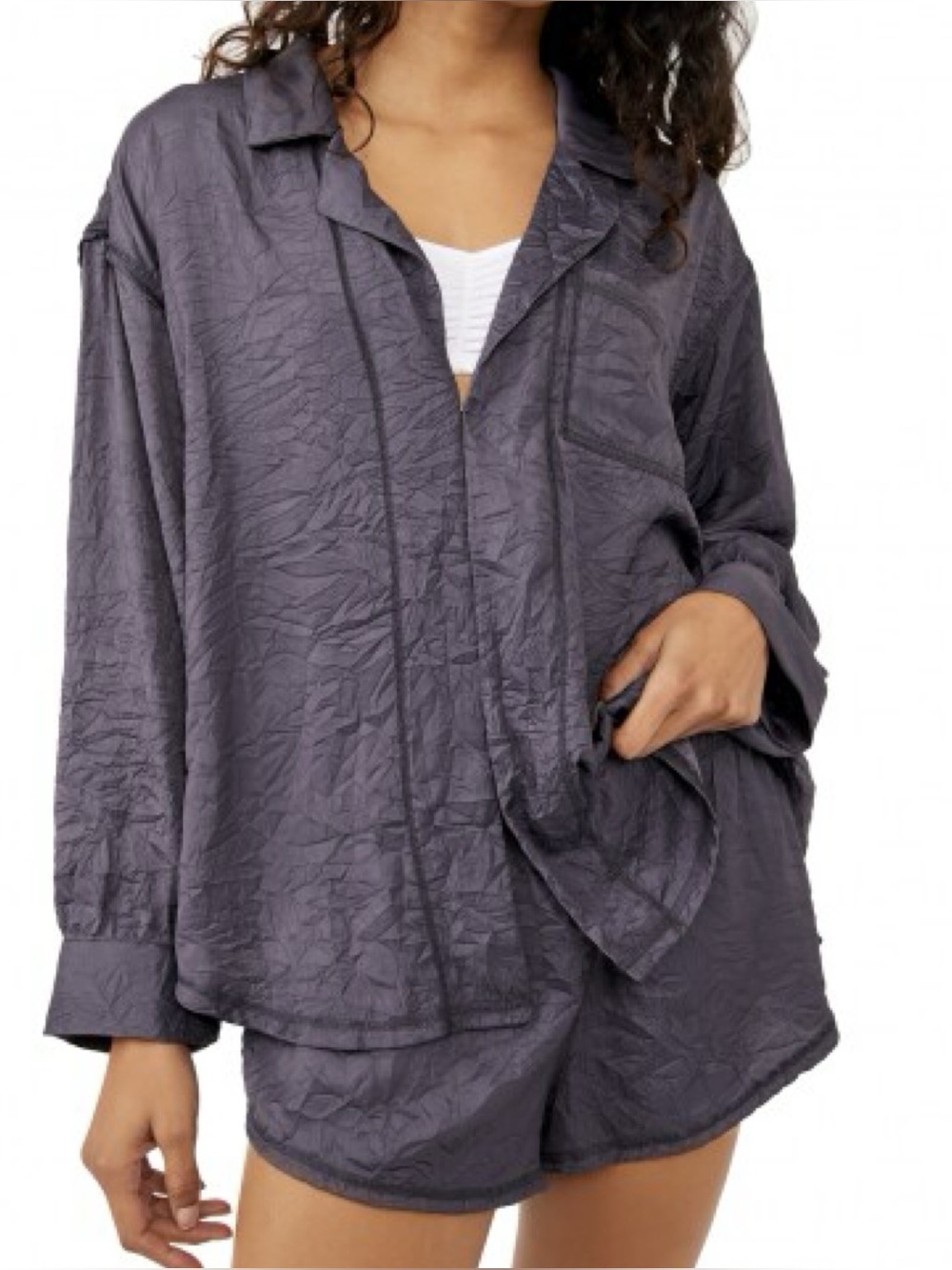 Free People Medium Shine Time Gray Two-Piece Pajama Lounge Set Top & Shorts